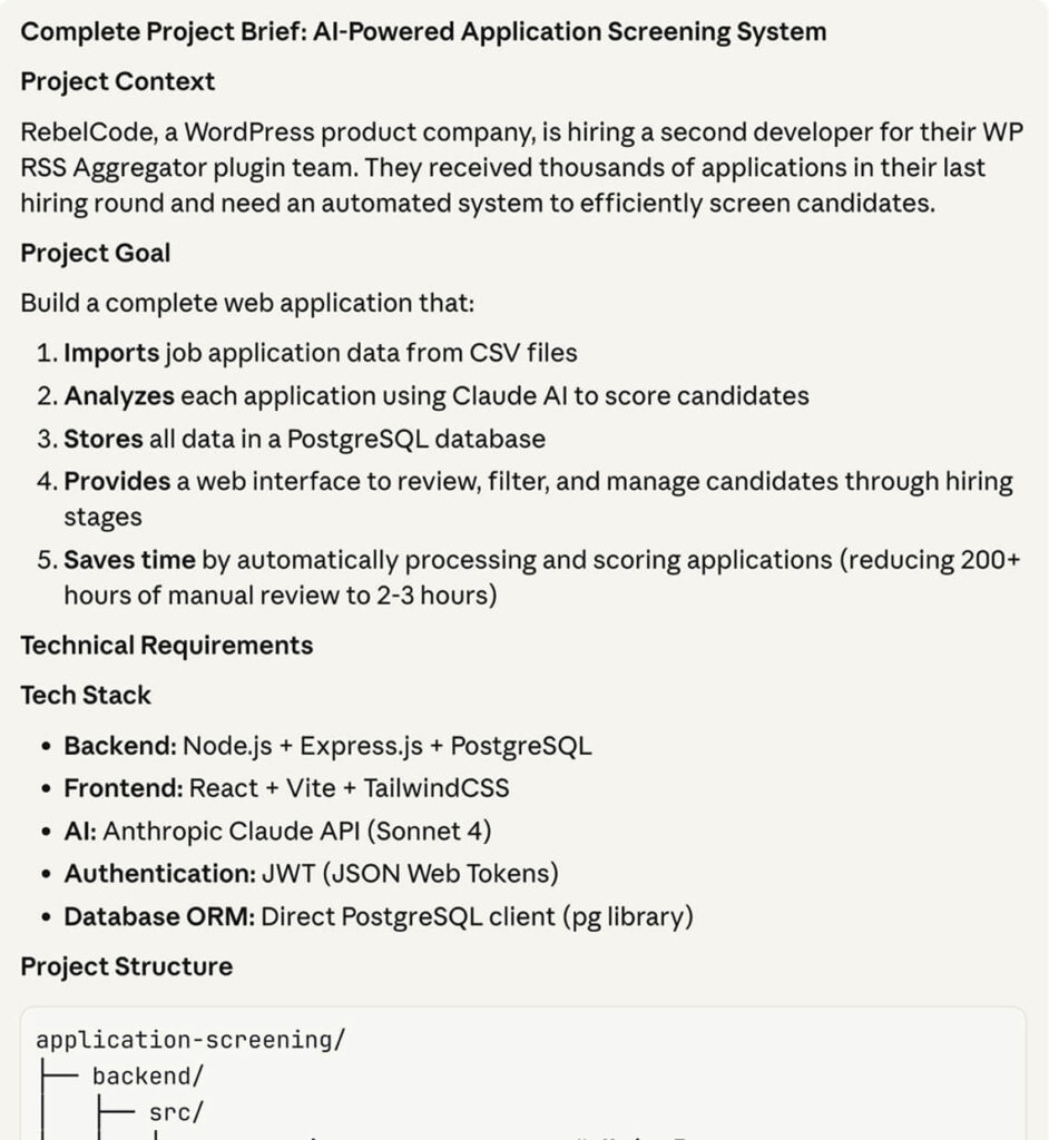 A snippet from the initial prompt given to Claude Code, initially created by Claude Chat following a deep conversation about the company, the role, and the product.